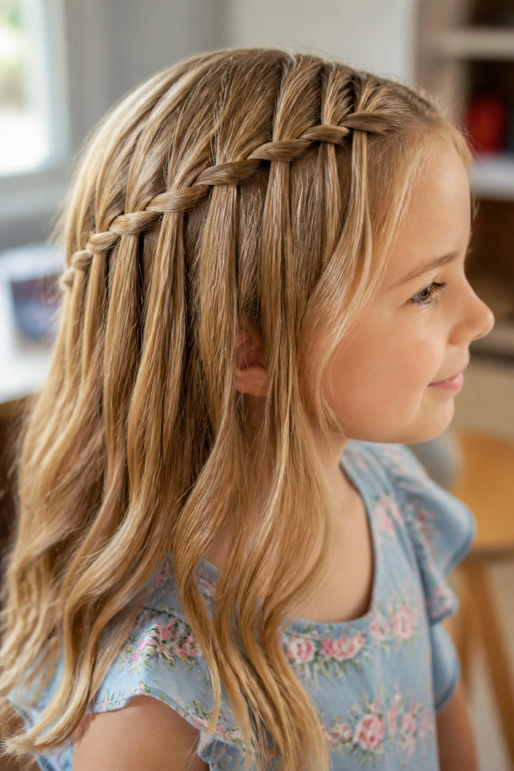 Close-up of a real child with a waterfall braid in bright light