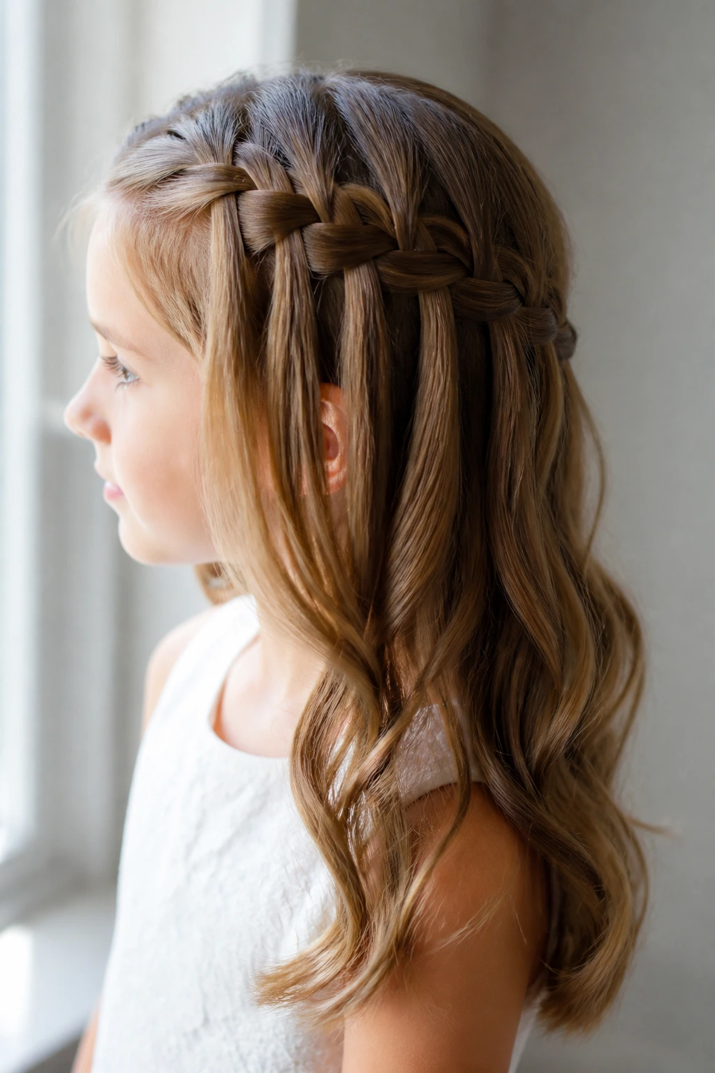 Side profile of a real girl with a waterfall braid and soft ends