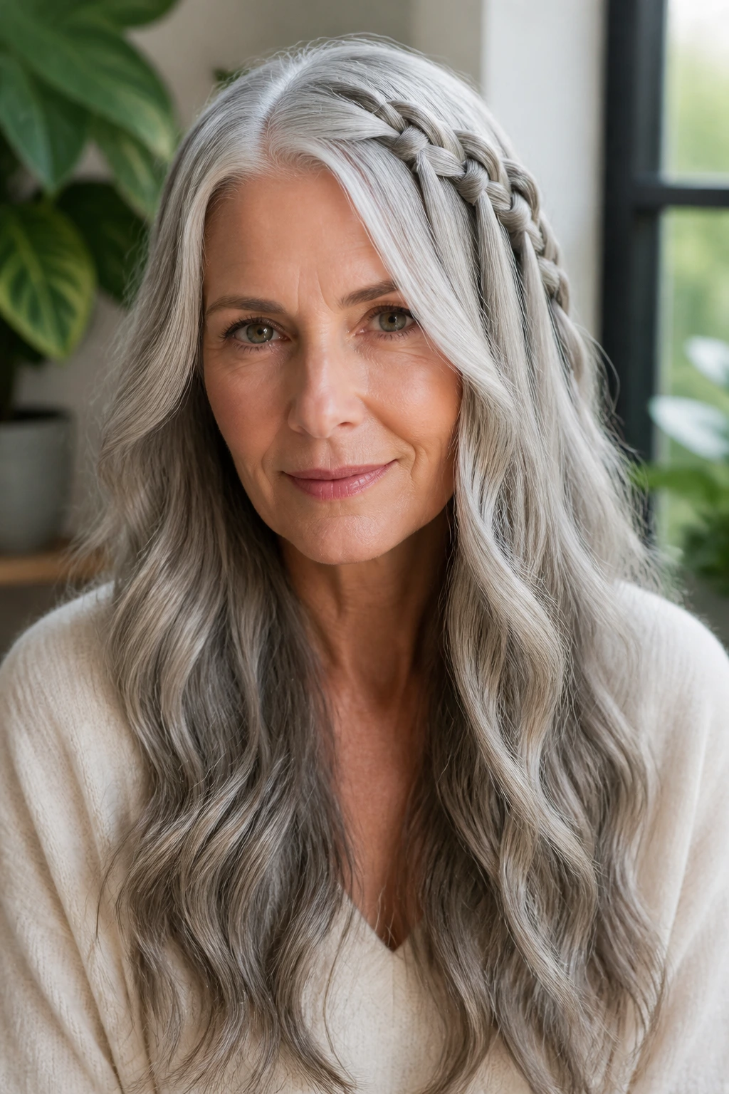 Frontal shot of long gray hair with waterfall braid across the crown