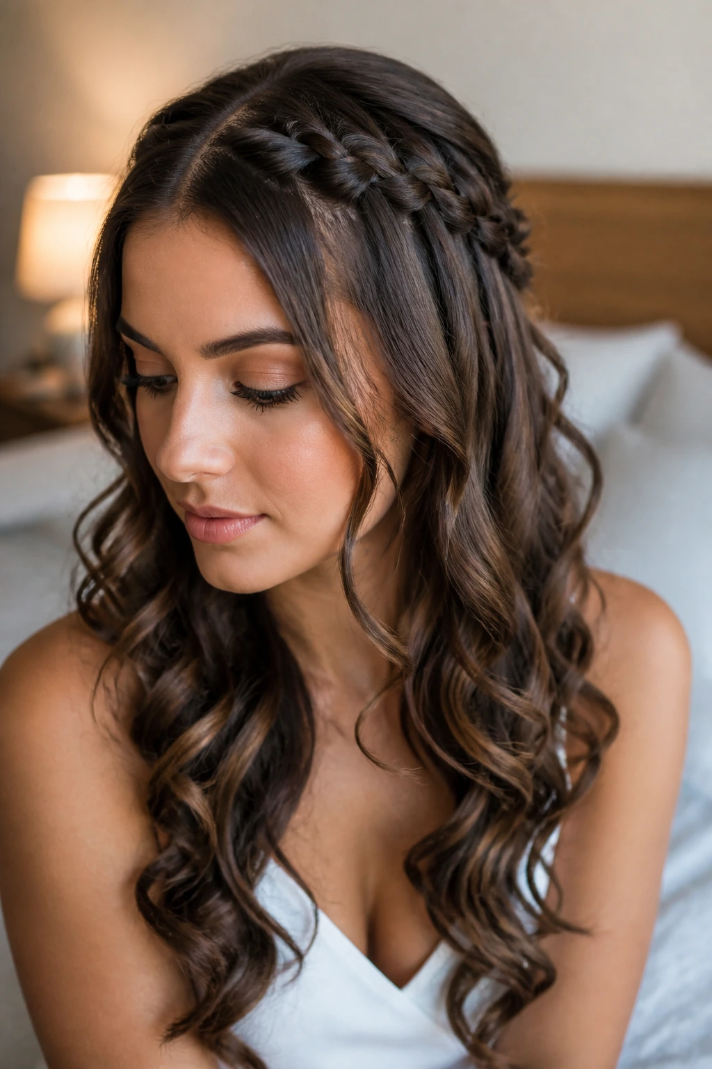 Close-up of a real woman with a waterfall braid across the crown and curled ends