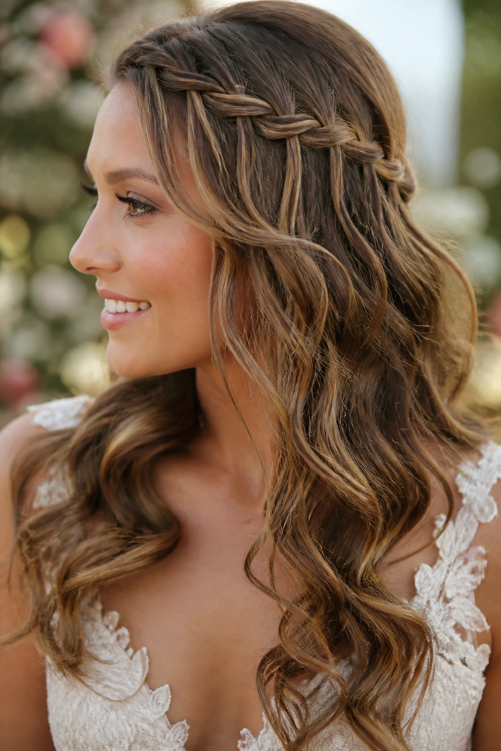 Close-up of a real bride with a waterfall braid and loose curls.