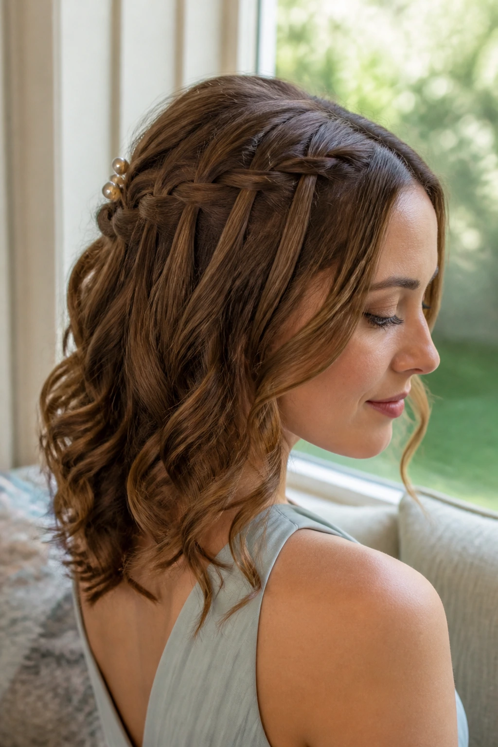Close-up of a real woman with a waterfall braid over soft curls