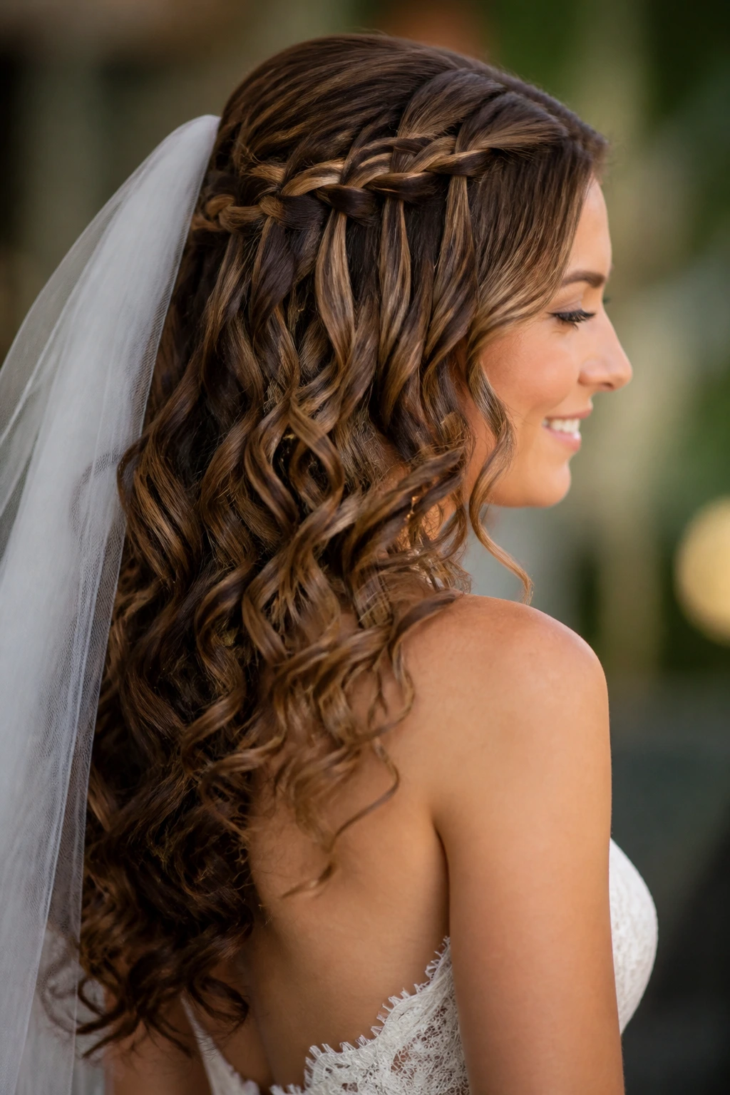 Bride with waterfall braid and loose curls
