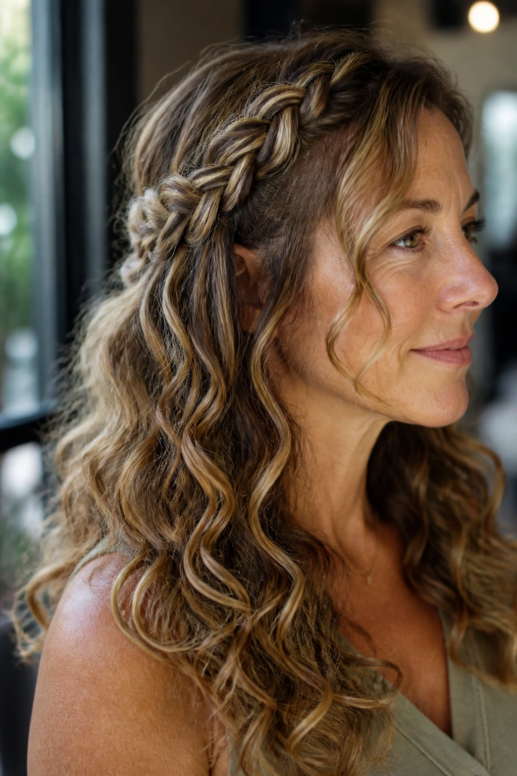 Real woman with waterfall braid and loose curls