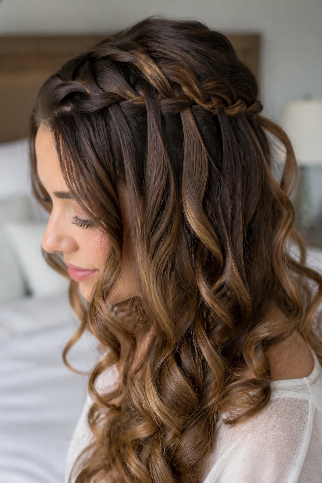 Real woman with waterfall braid and loose curls in bright bedroom.