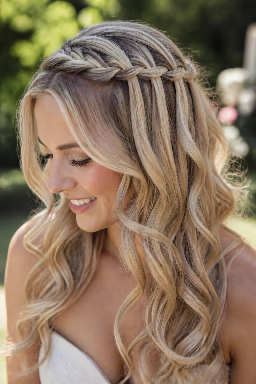 Close-up of a real bride with a waterfall braid cascading into loose curls outdoors