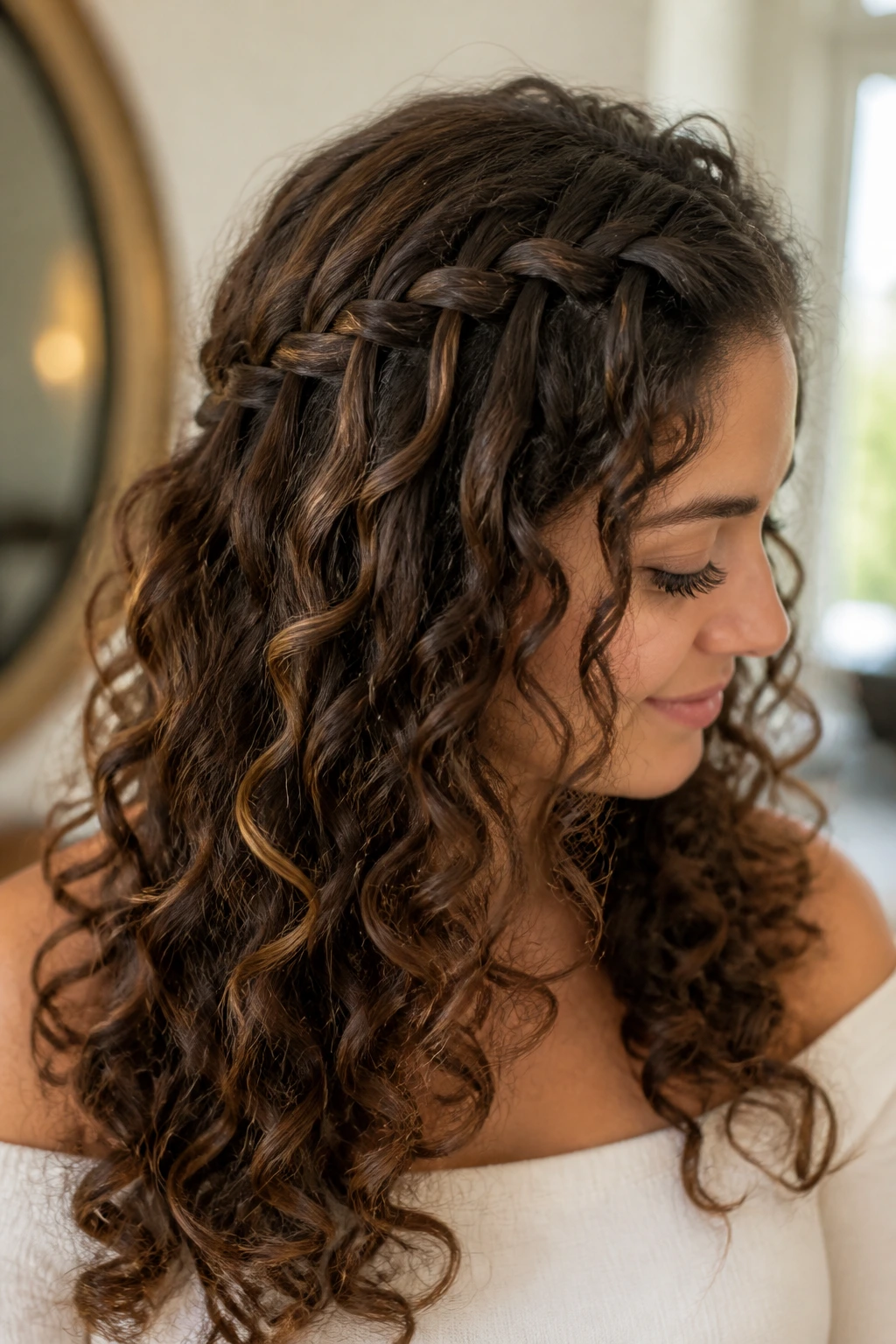 Close-up of a real person with a waterfall braid accent weaving through curly hair