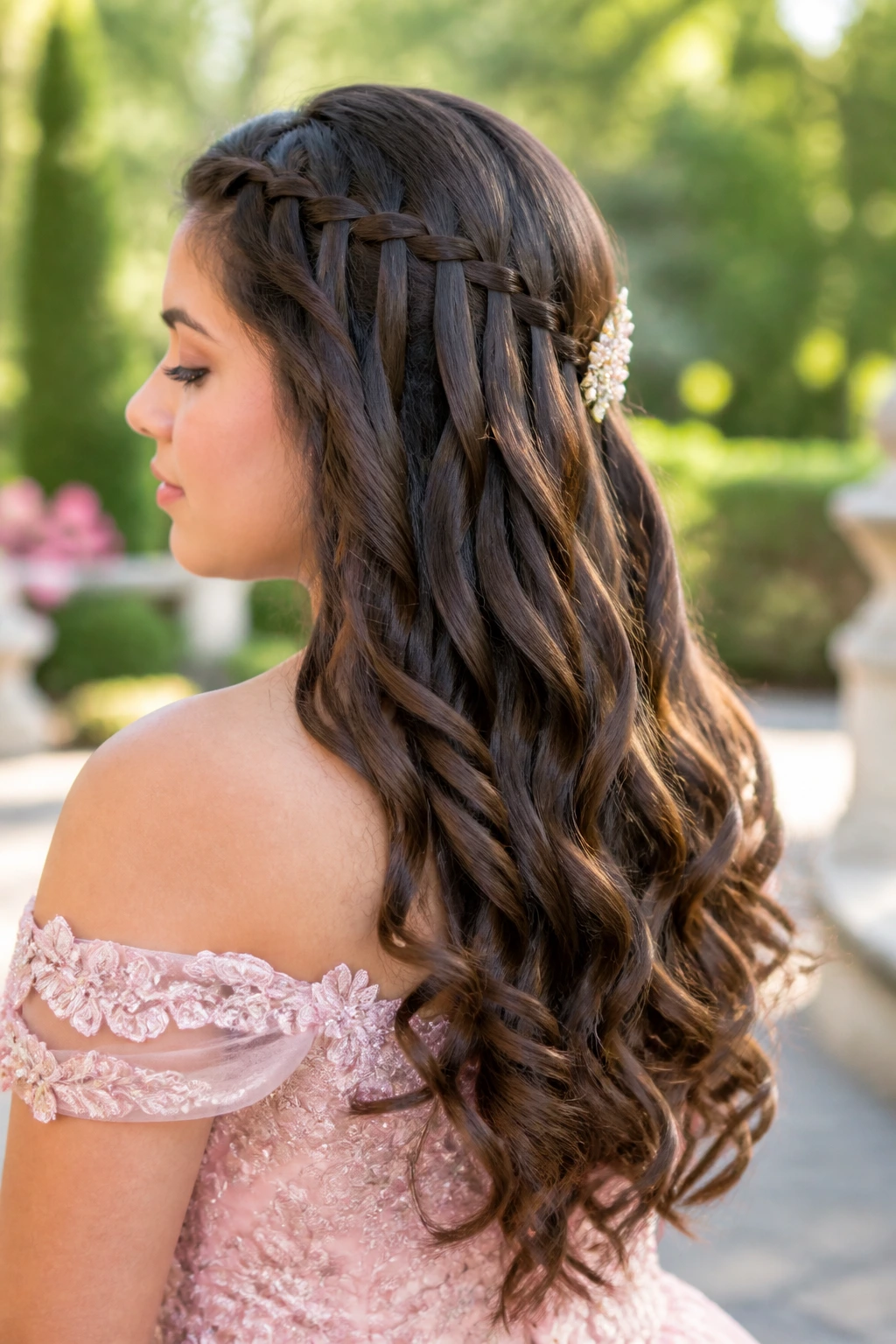 Close-up portrait of a real woman wearing Waterfall Braid Into Soft Curls.