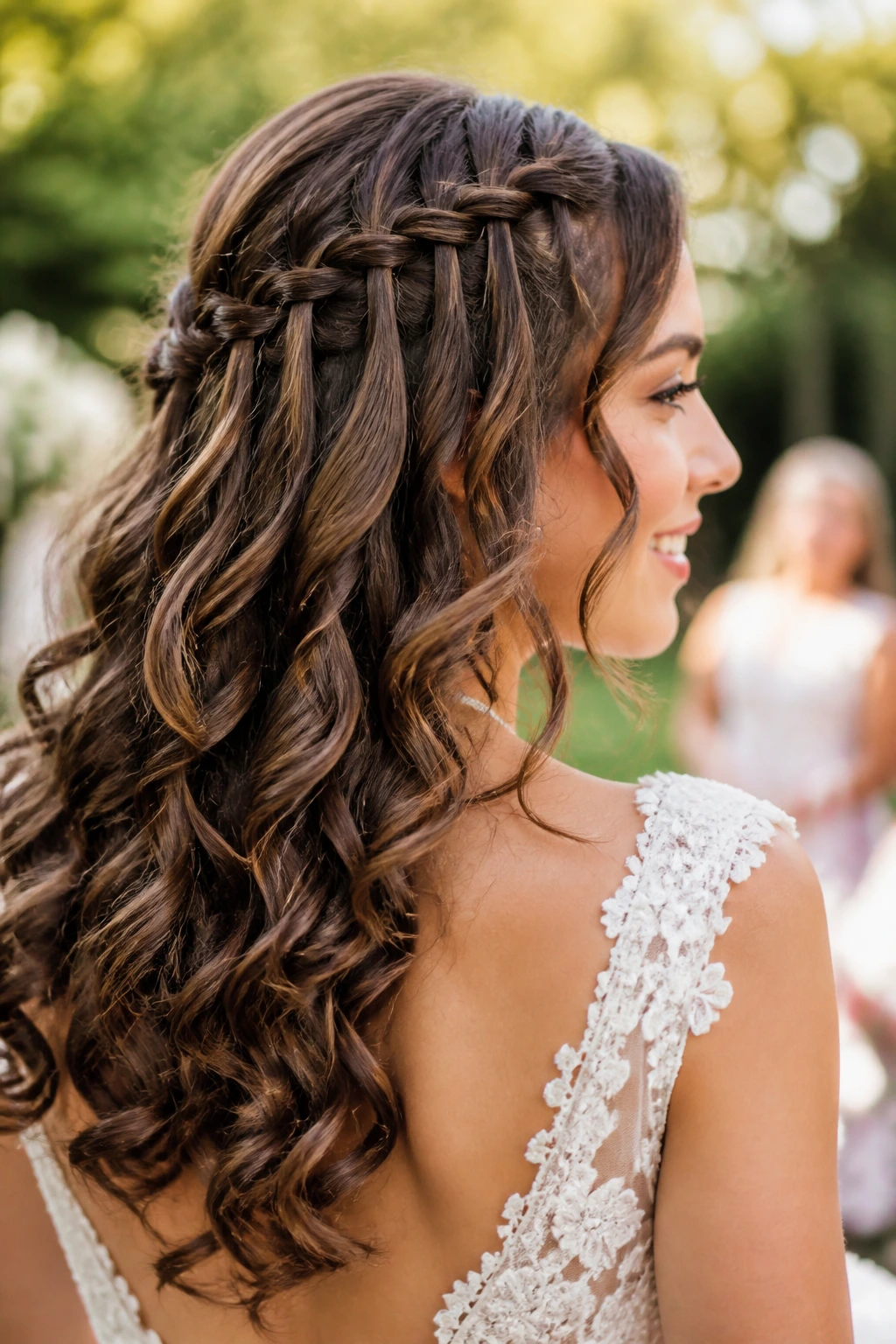 Bride with waterfall braid over loose curls in garden setting