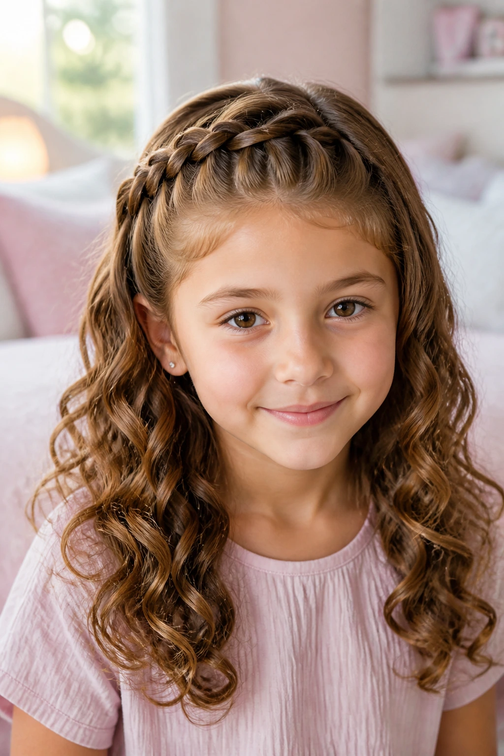 Close-up of a girl with a waterfall braid and loose curls