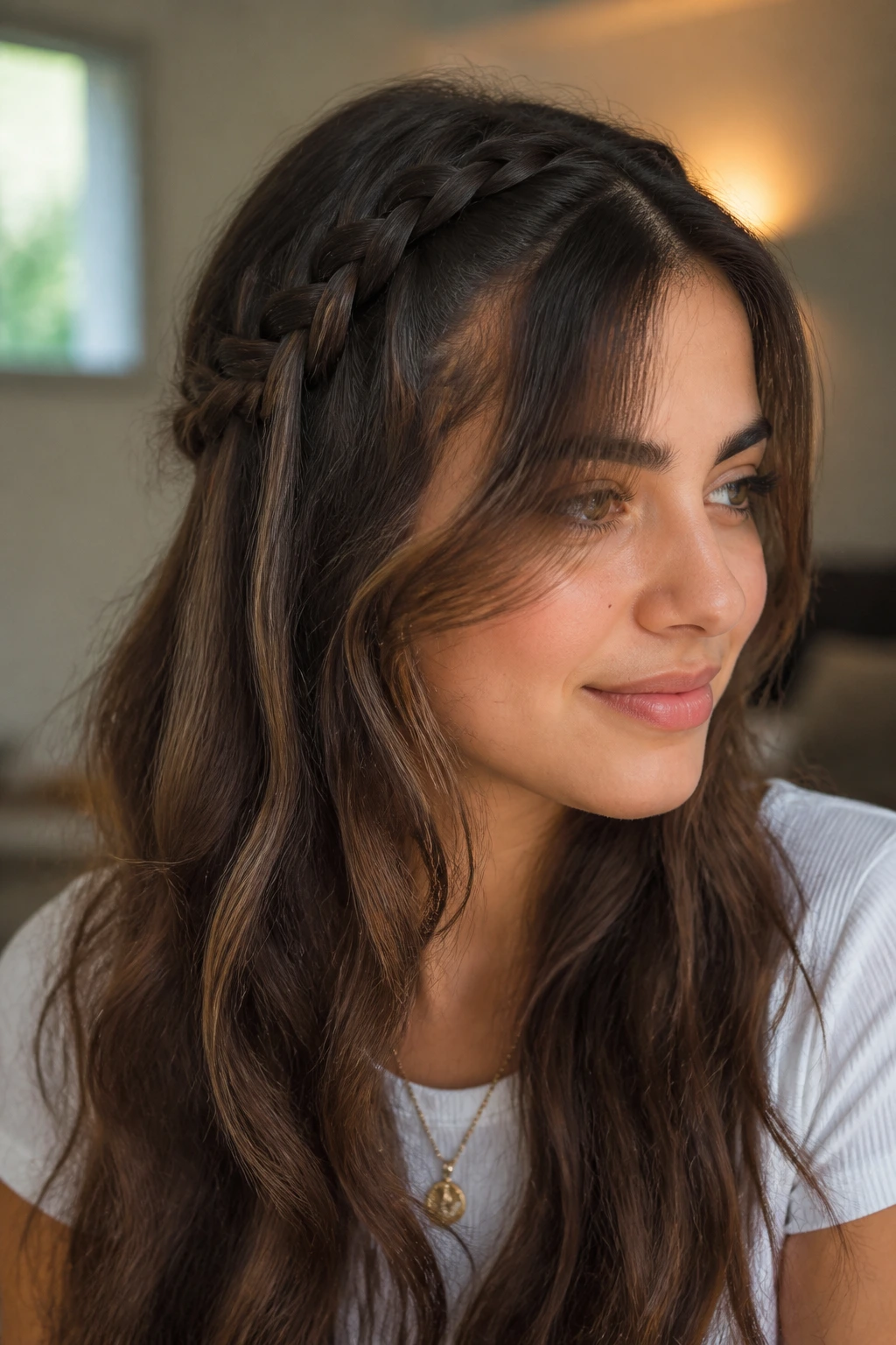 Close-up of a real woman with a waterfall braid and curtain bangs.