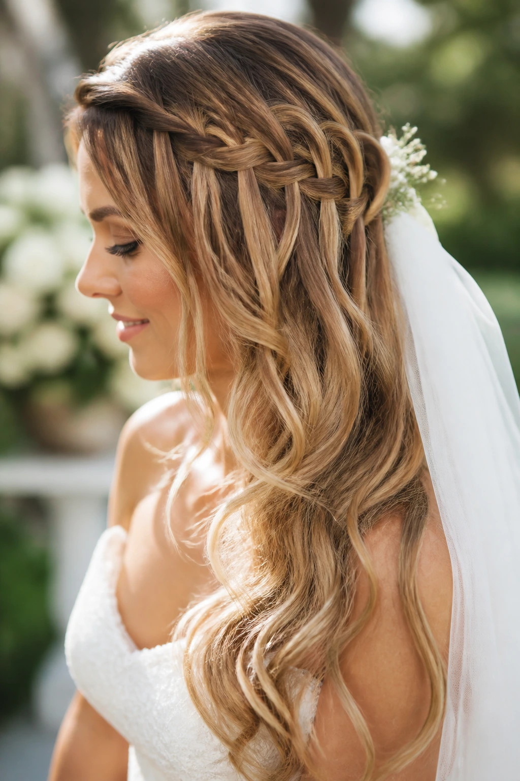 Bride with waterfall braid and extra length on side profile