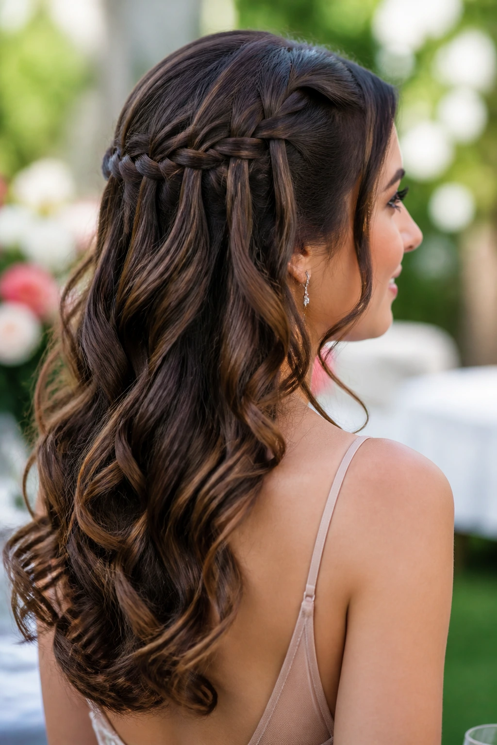 Close-up of a real woman with a waterfall braid and loose curls outdoors in daylight.