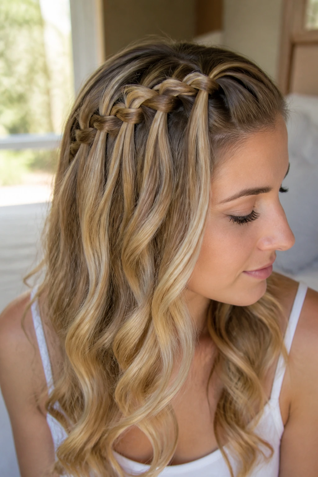 Close-up of a real woman with a waterfall braid along the hairline and soft waves.