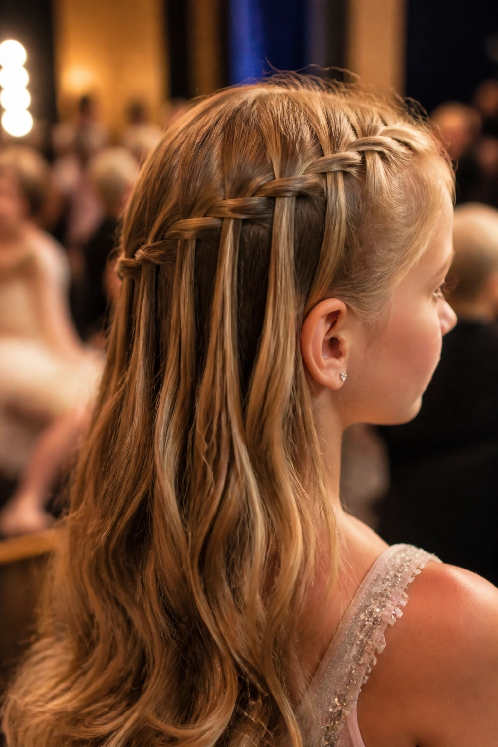 Close-up of a real girl with a waterfall braid in a backstage recital setting