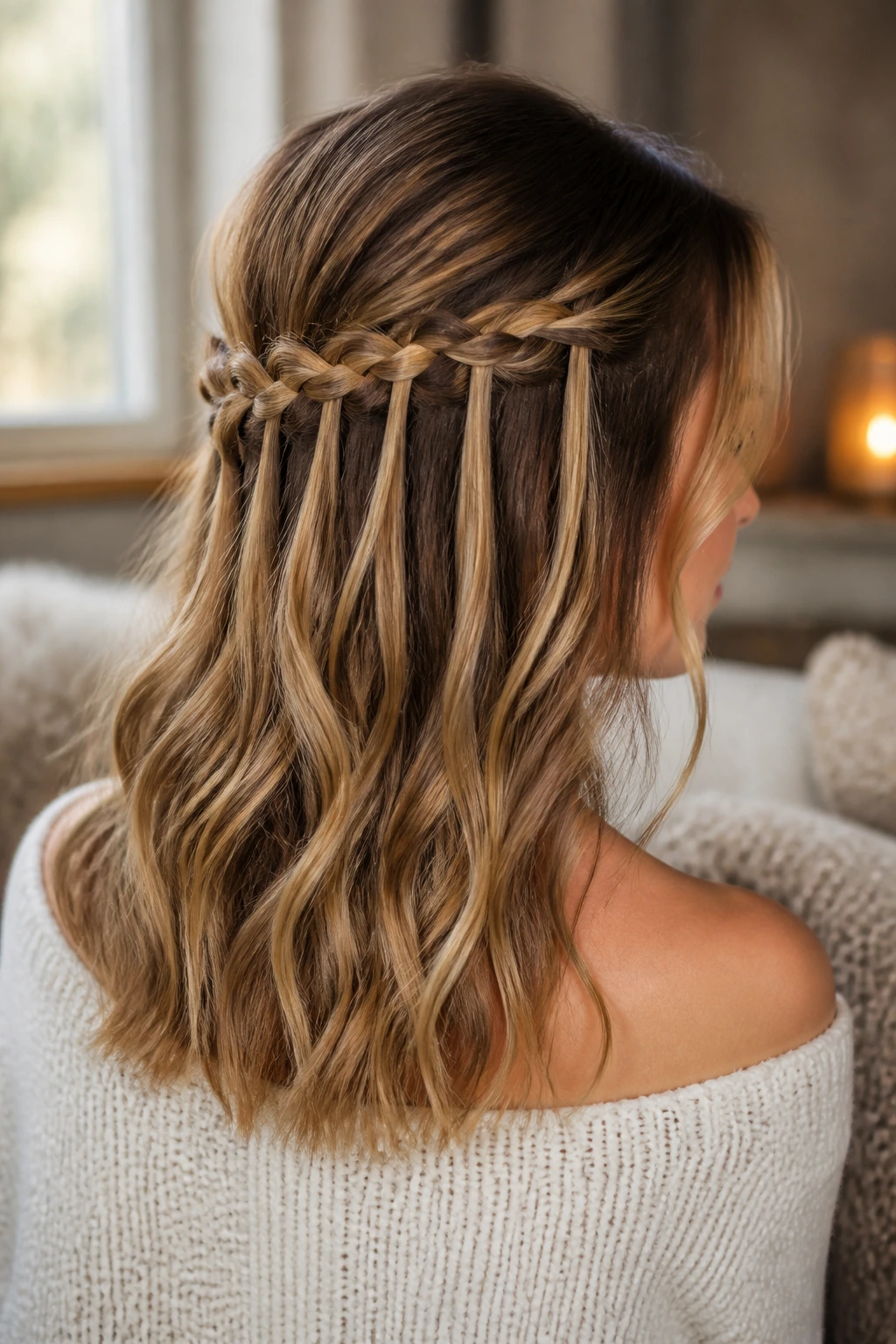 Close-up of a real woman with a waterfall braid half-up in a cozy indoor setting.