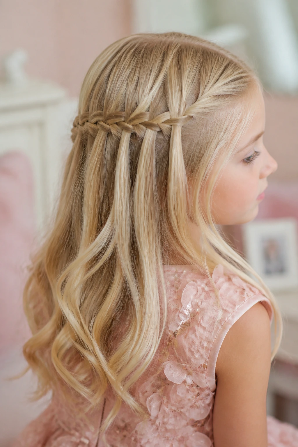 Blonde child with waterfall half-up braid cascading behind