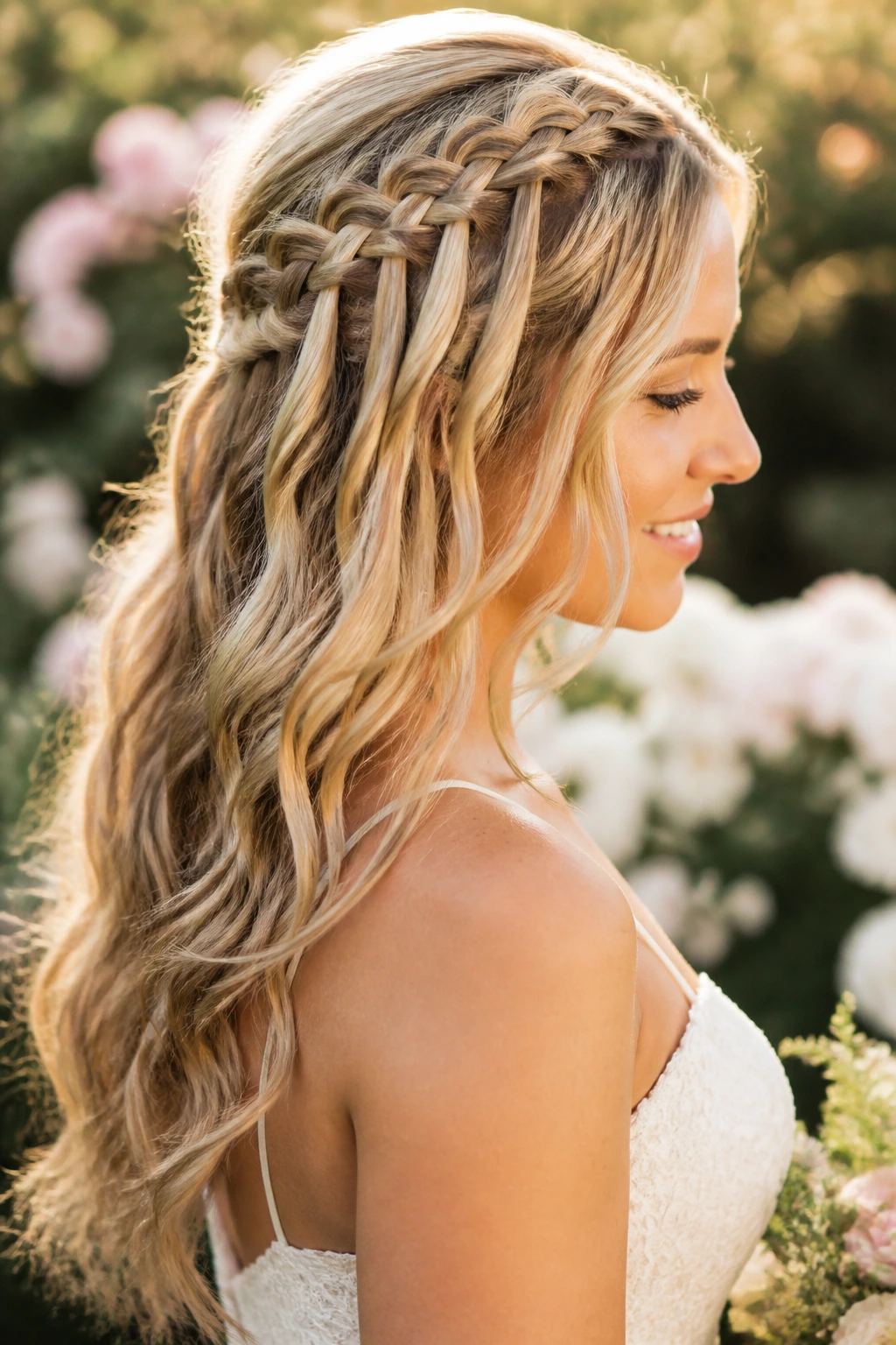 Bride with waterfall braid half-up, soft cascading strands outdoors