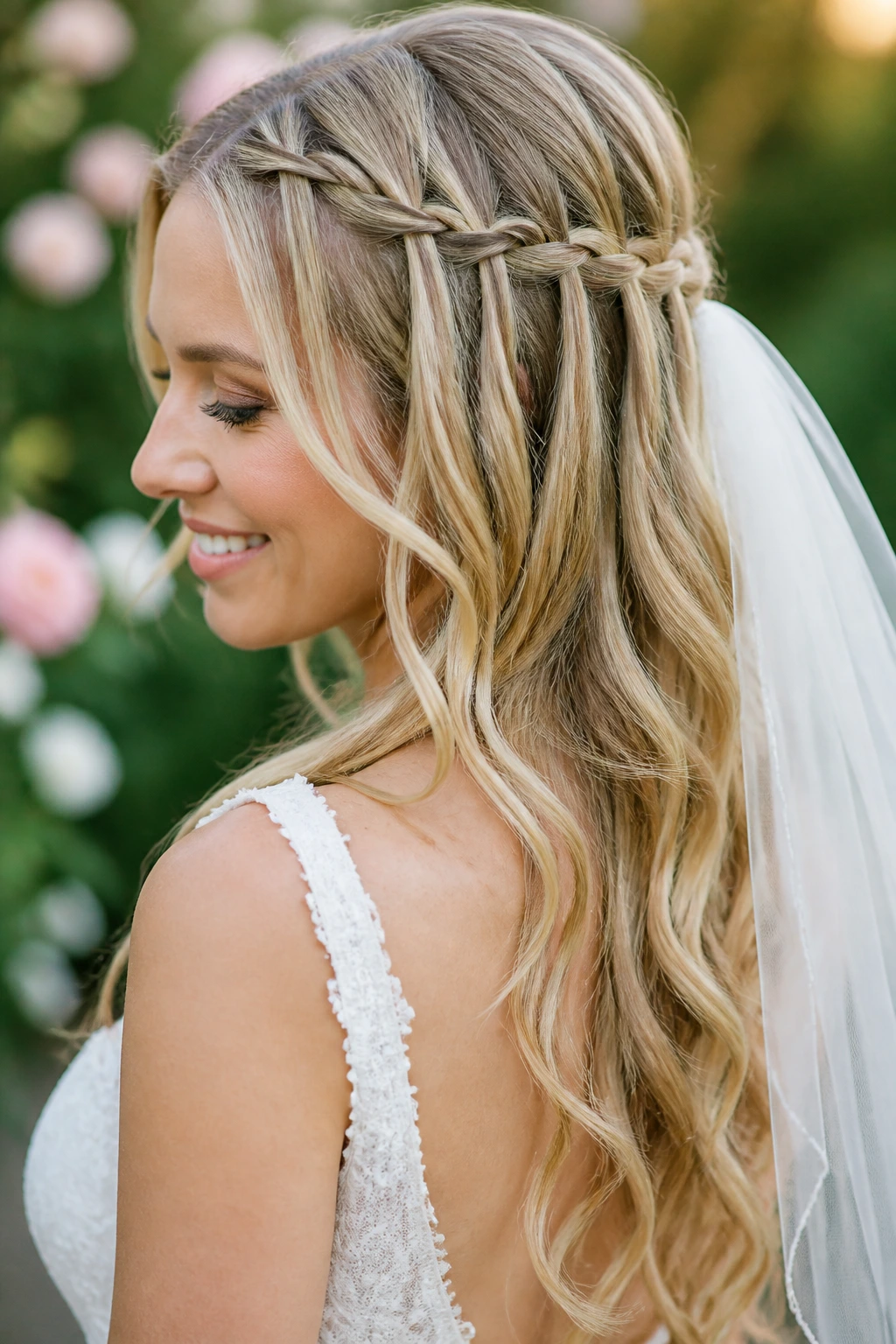 Close-up of a bride with a waterfall braid half-up in garden daylight