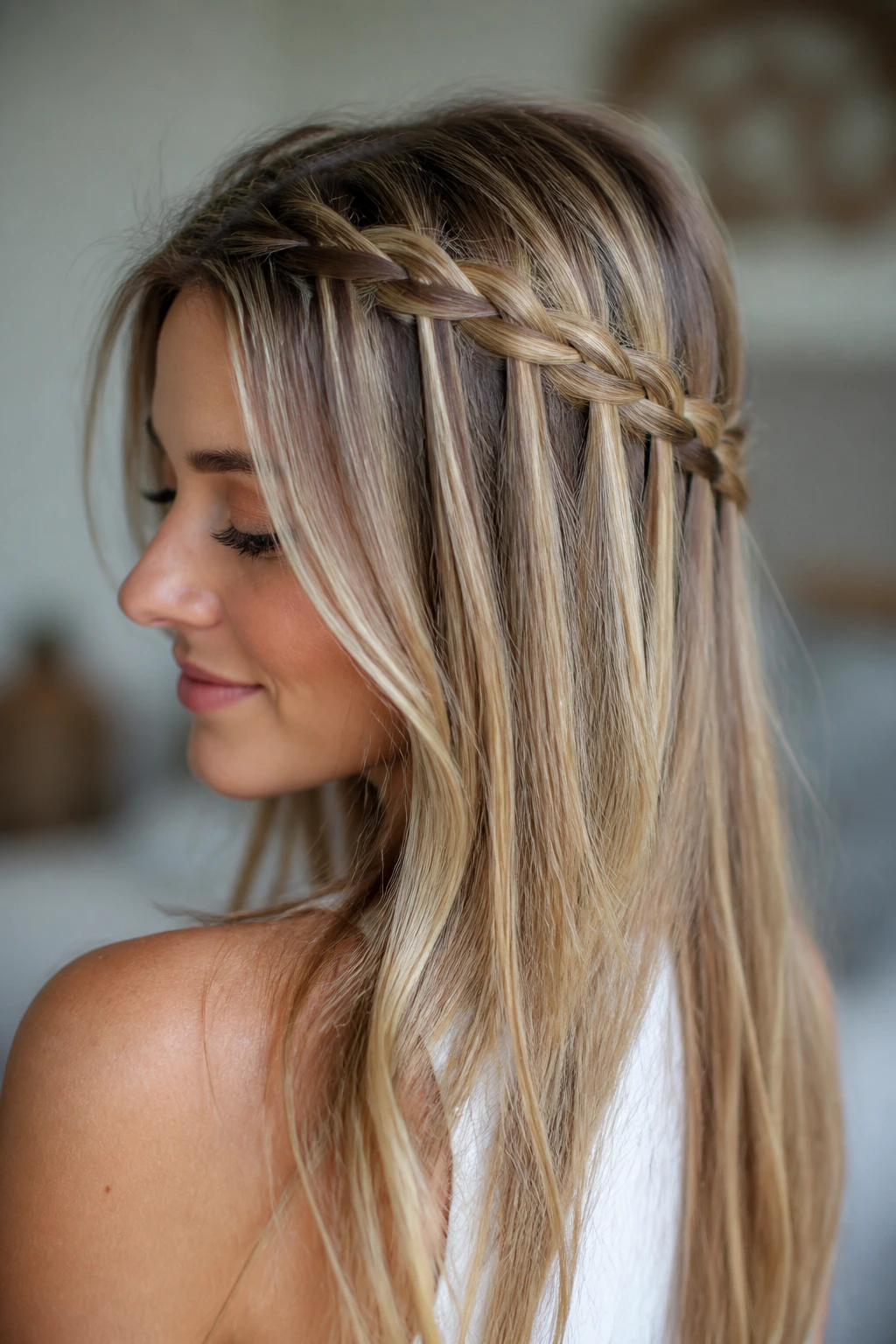 Portrait of a real person showing a loose waterfall braid half-up hairstyle