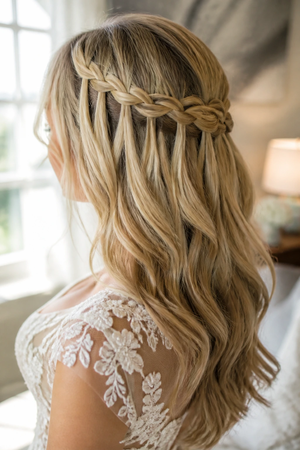 Medium close-up of a woman with a waterfall braid half-up in a sunlit bridal suite