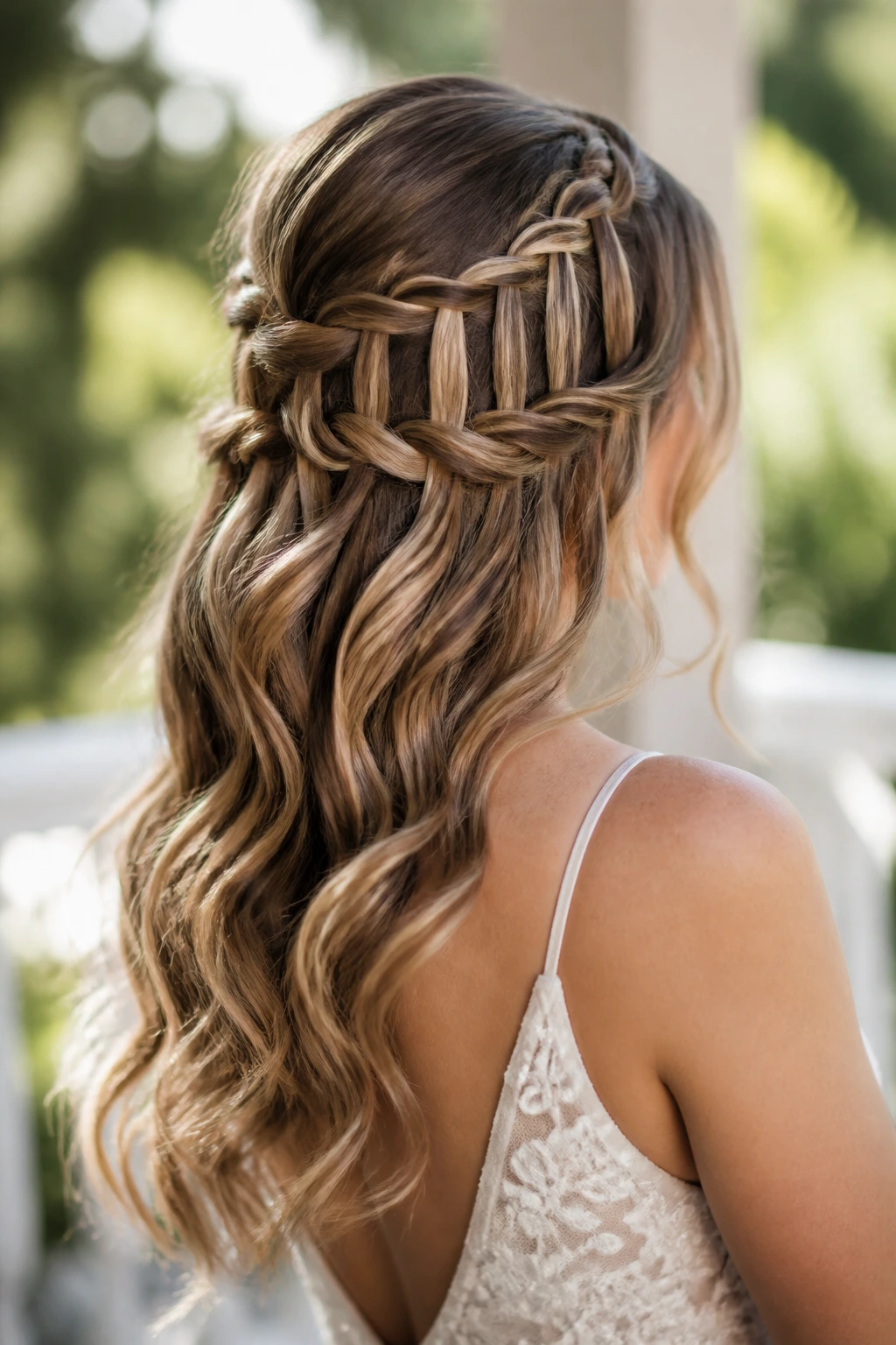 Bride with waterfall braid half-up, waves visible