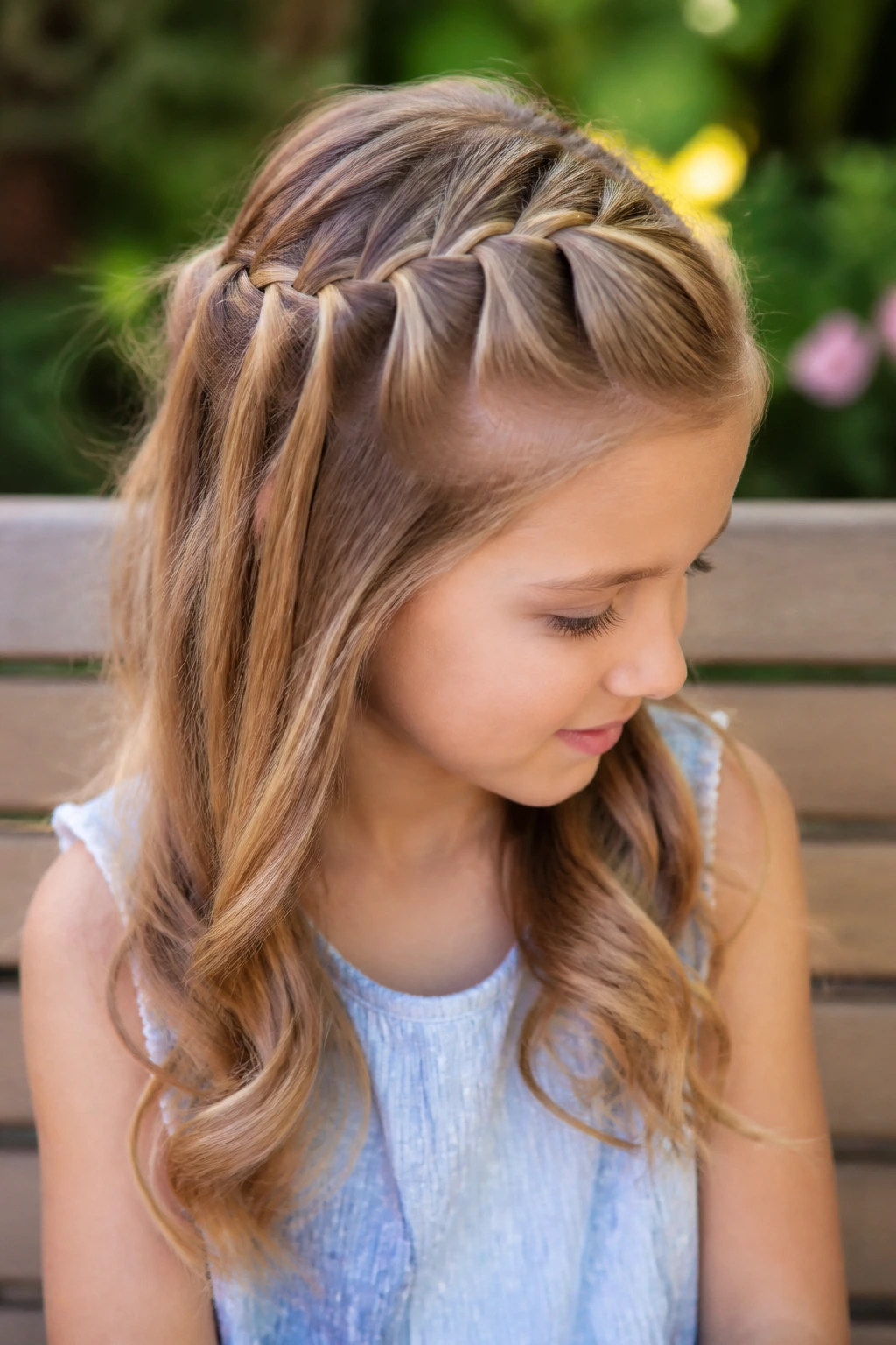 Child with waterfall braid half-up hairstyle in natural light