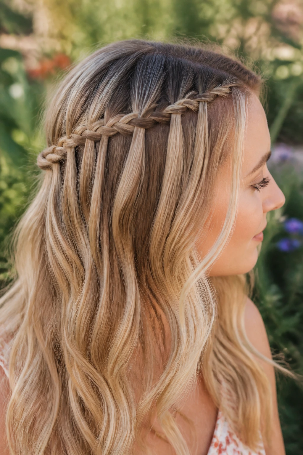 Close-up of a woman wearing a waterfall braid across the crown with loose waves