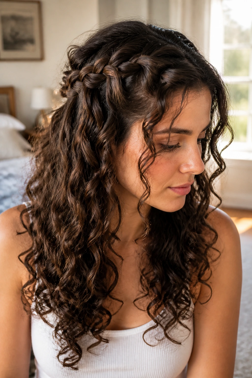 Close-up of a real woman with a waterfall braid half-up on curly hair, natural window light highlighting texture