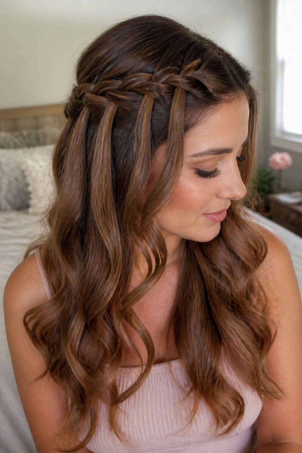 Portrait of a woman with a waterfall braid half-up style, side view.