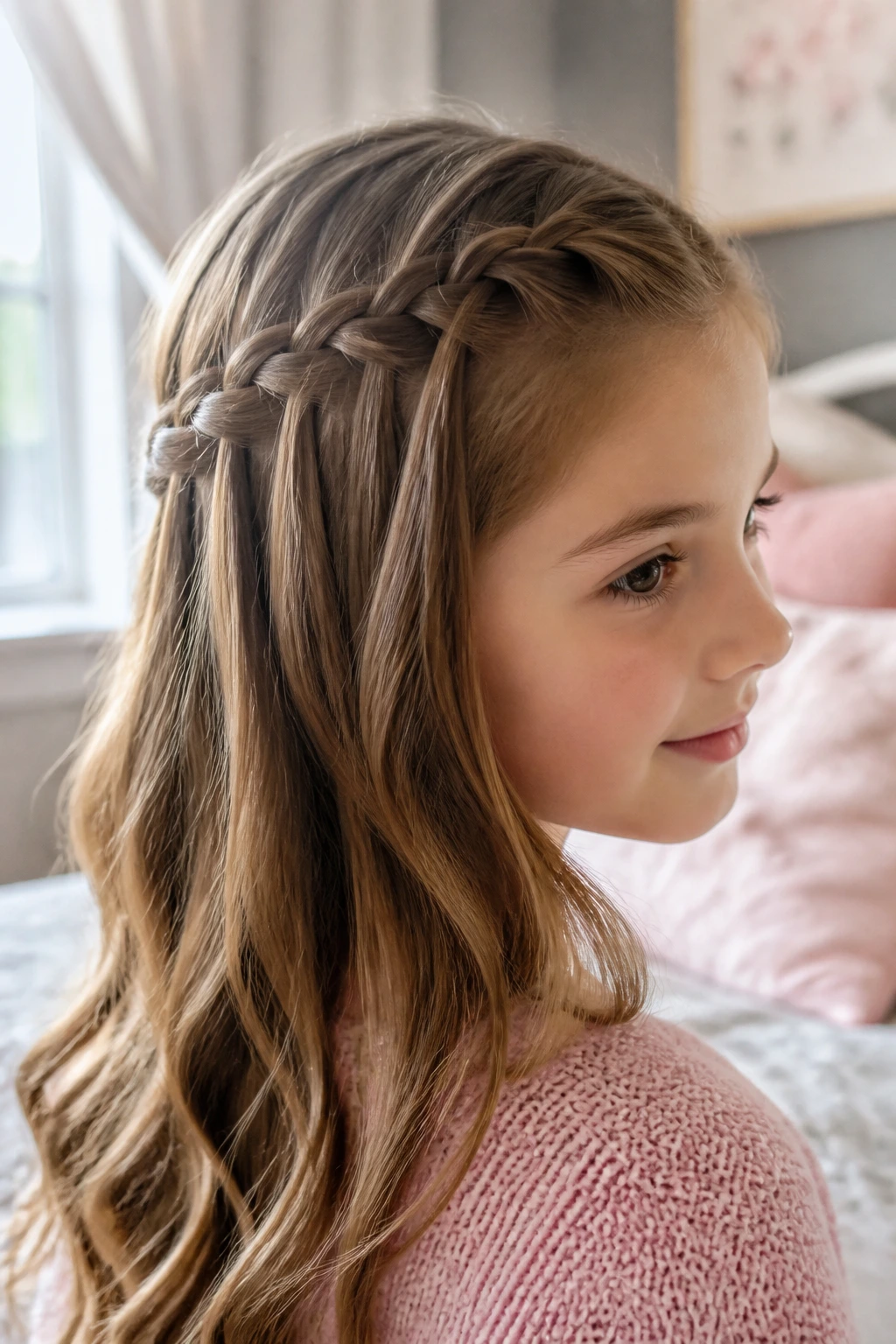 Close-up of a young girl with a waterfall braid half-up, showing the draped braid and flowing hair in a cozy window-lit bedroom
