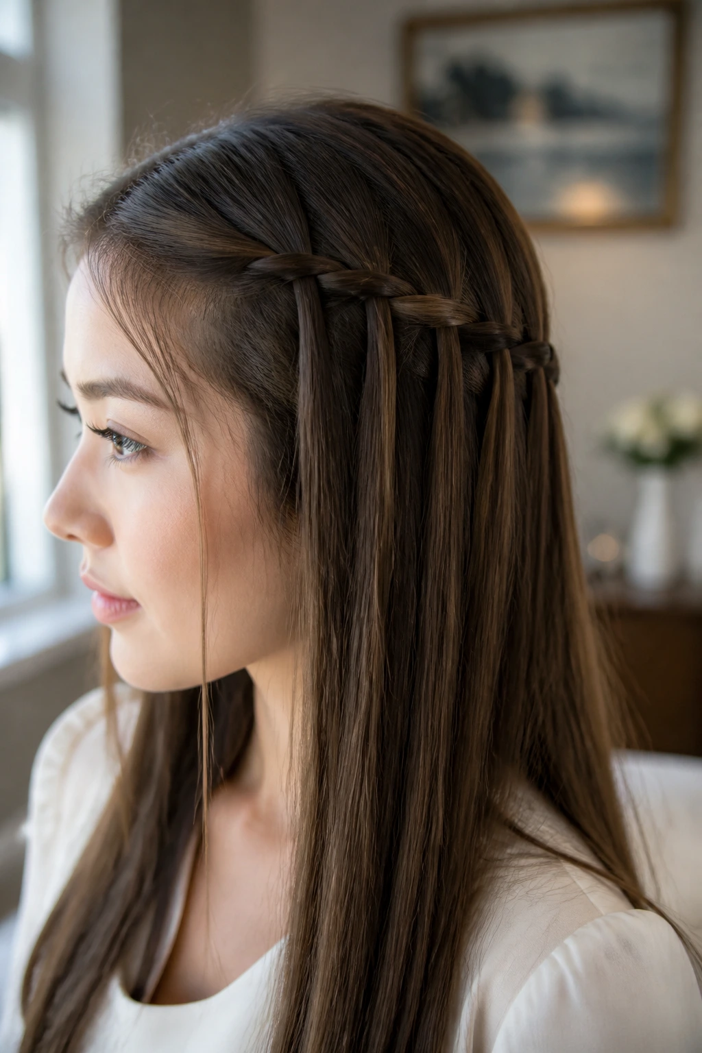 Portrait of a woman with a waterfall half-up braid