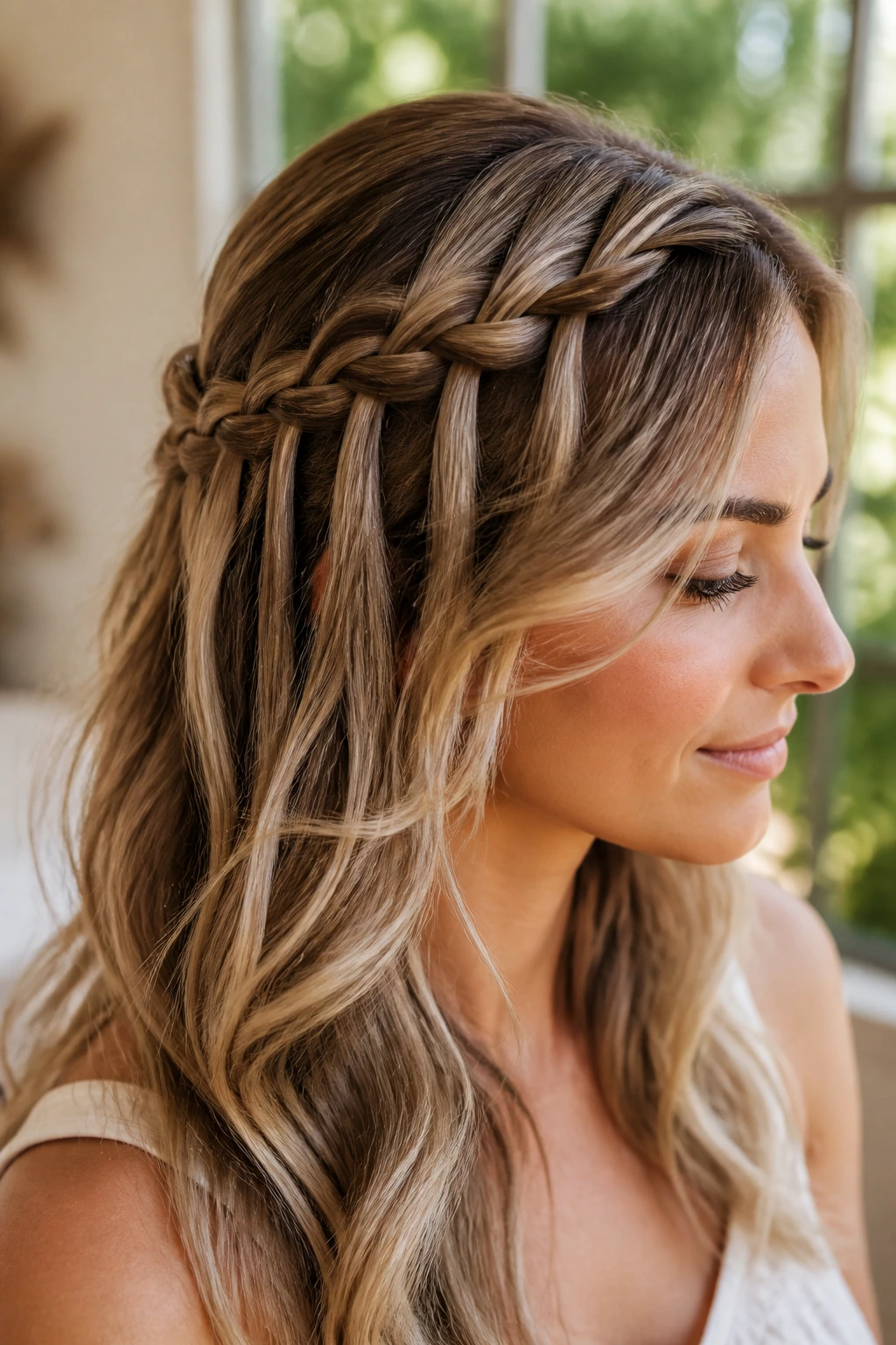 Close-up of a bride wearing a waterfall braid half-up hairstyle