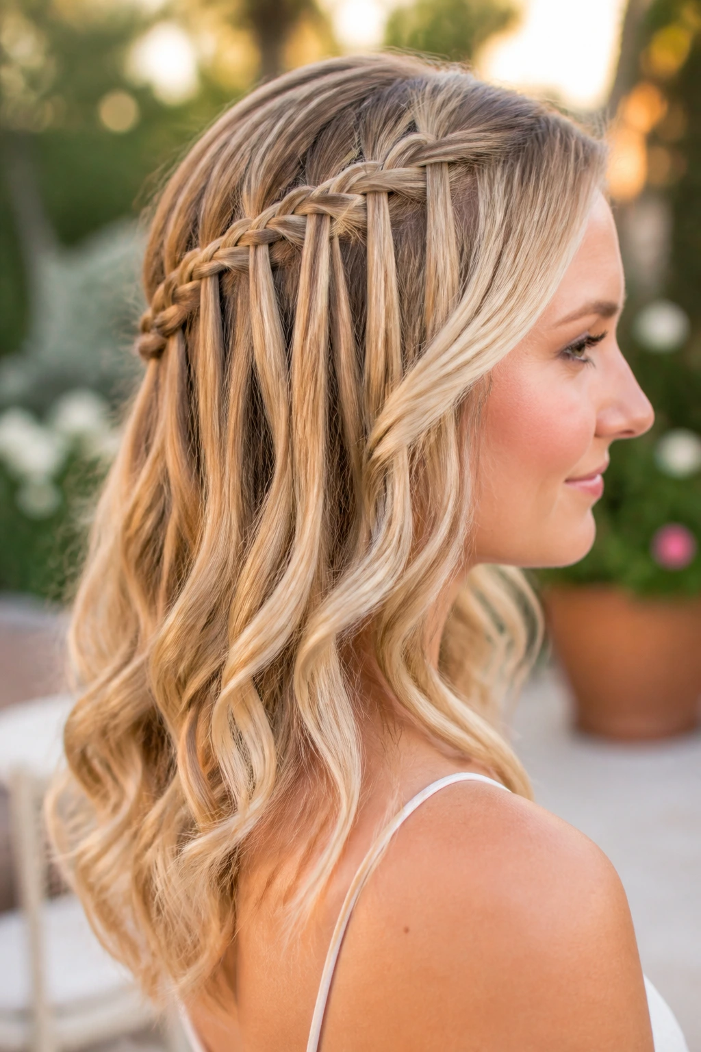 Close-up of a real woman with a waterfall braid half-up