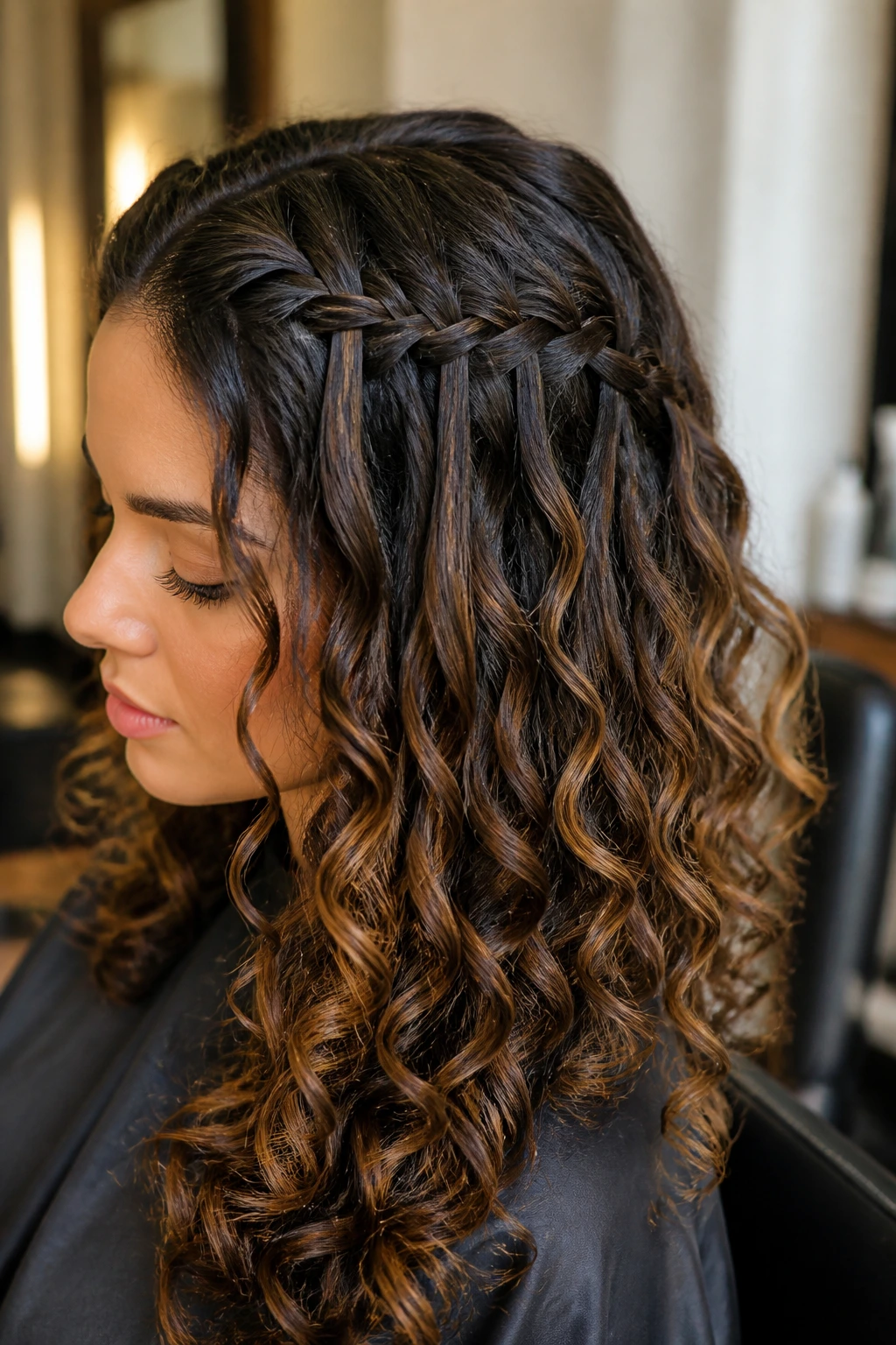 Close-up of a real woman with a waterfall braid on long curls in a softly lit salon