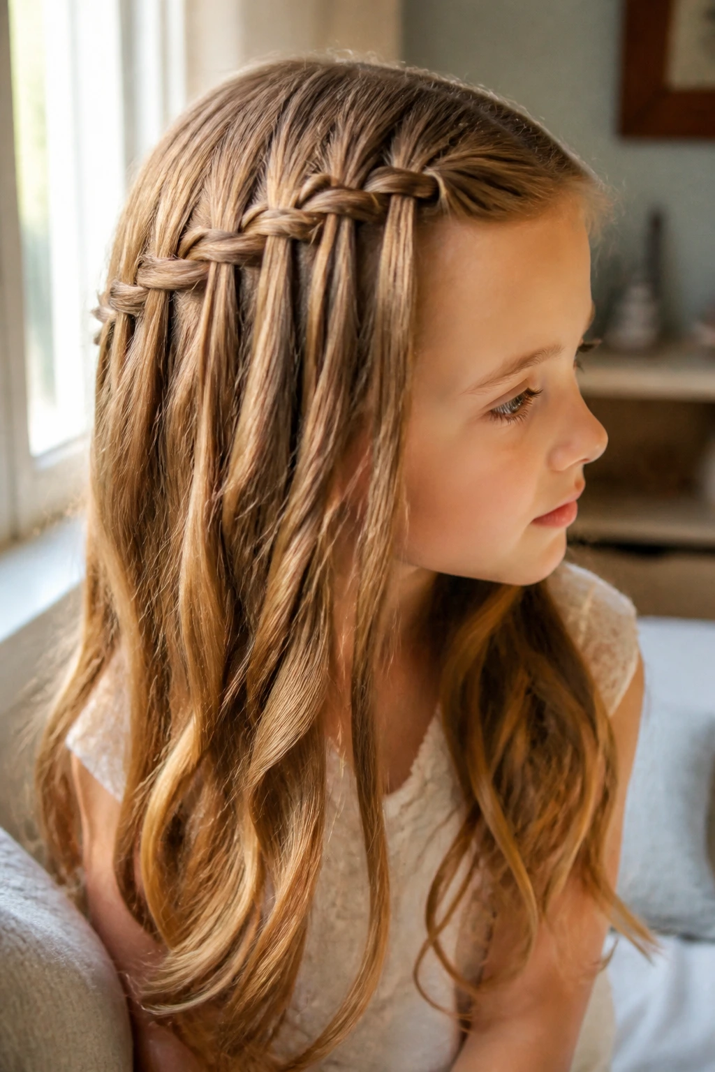 Medium close-up of a girl with a waterfall braid on long hair.