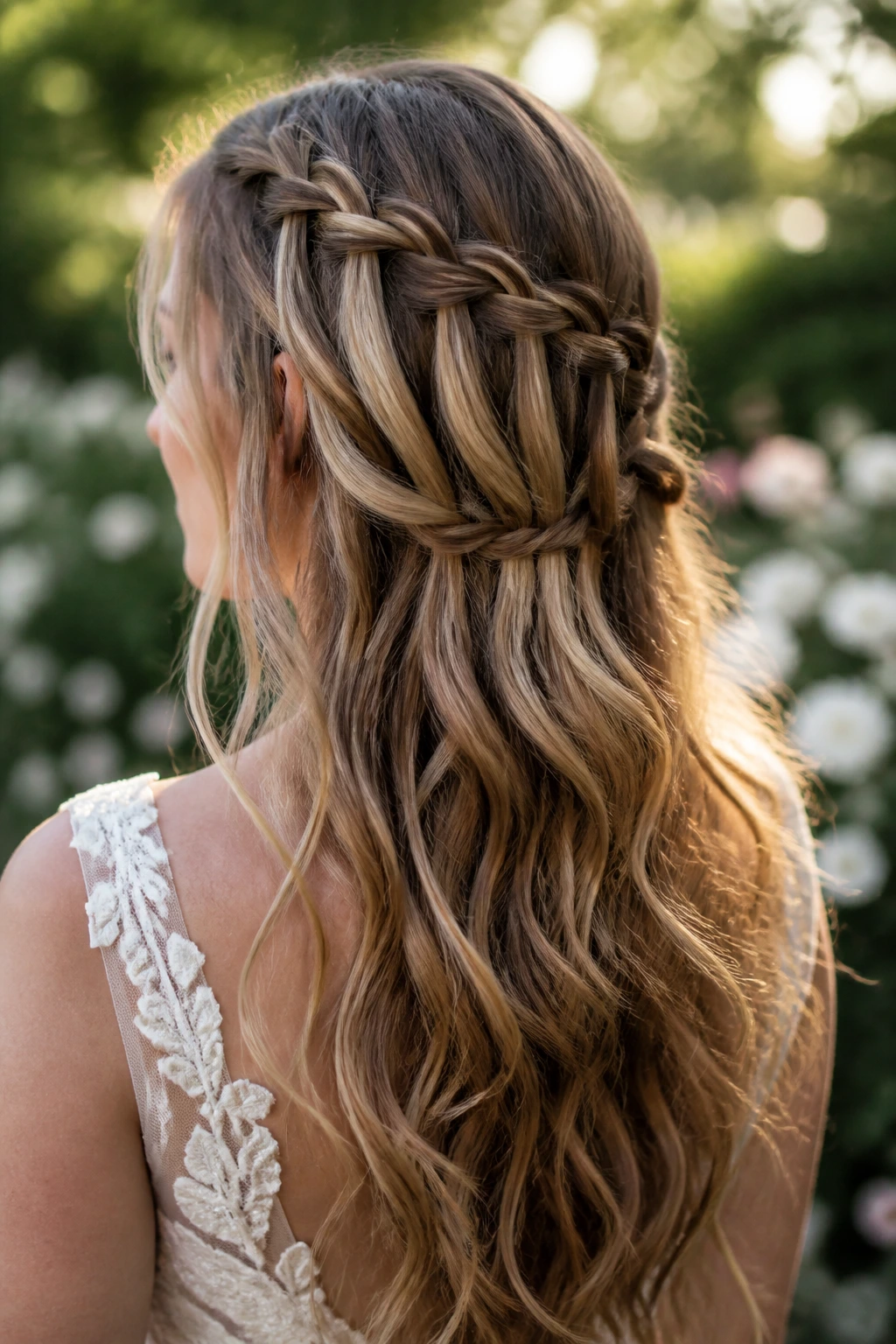 Bride with waterfall braid half-up for long hair in garden light