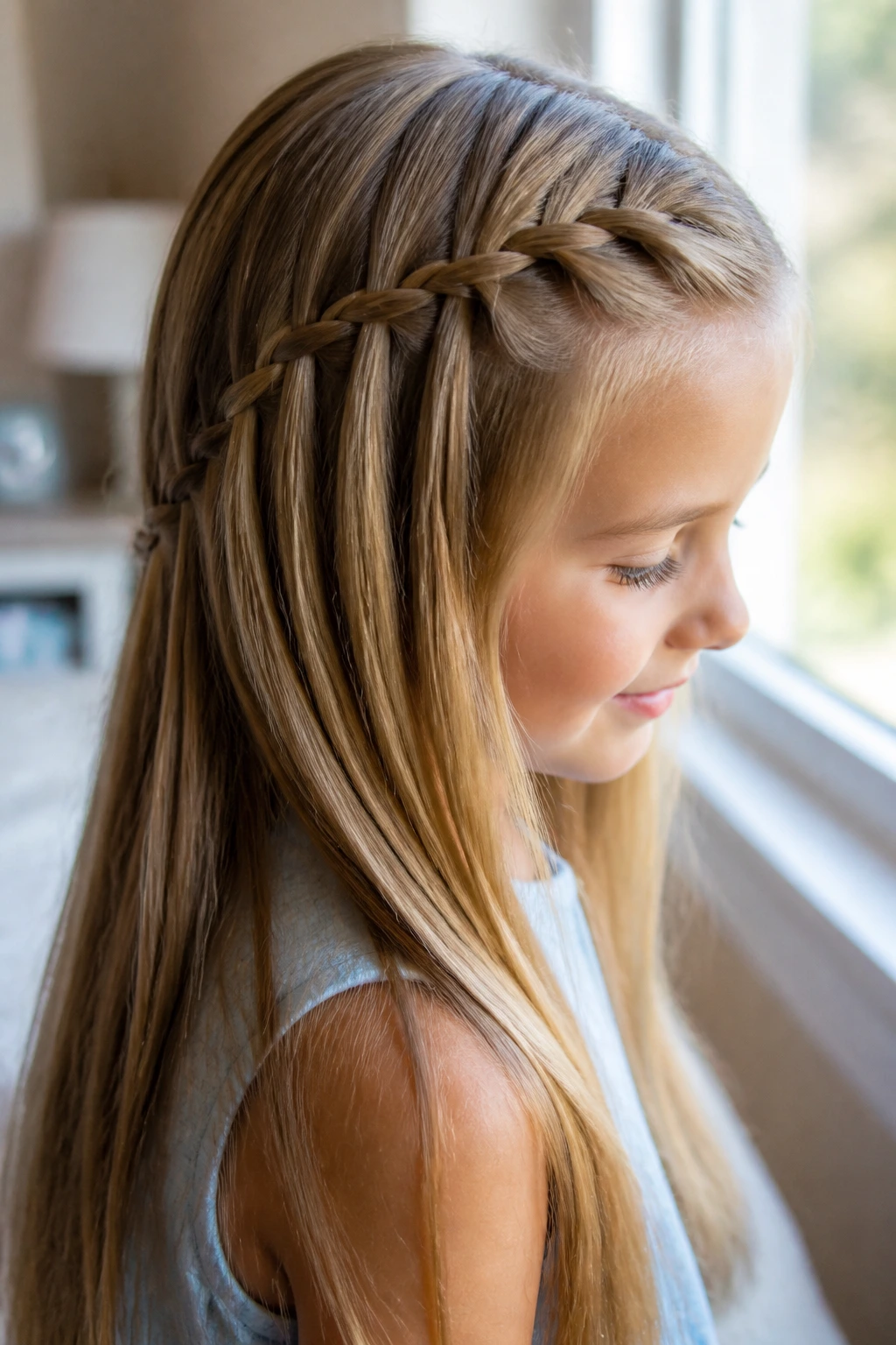 Close-up of a girl with a waterfall braid on long smooth hair by a window