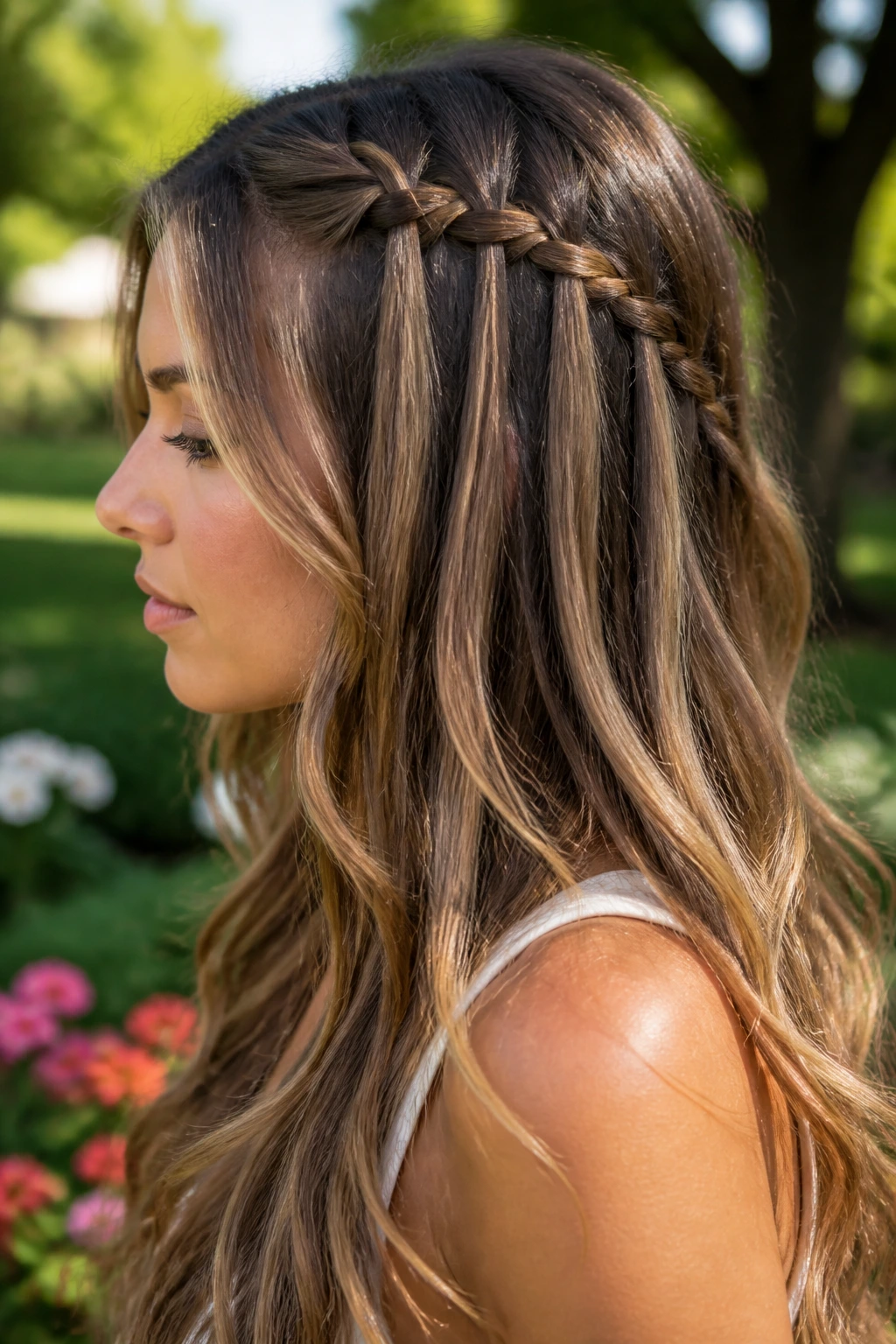 Close-up profile of a real woman with a waterfall braid on long layered hair