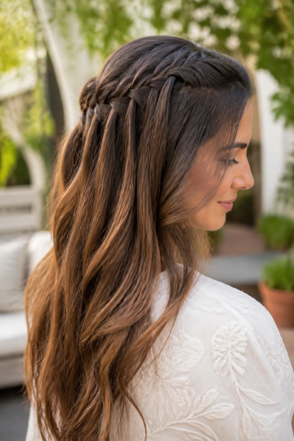 Close-up of waterfall braid half up on long layered hair