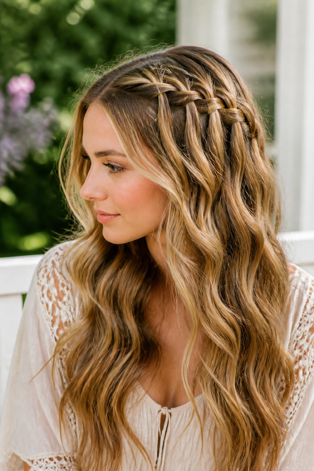 Close-up of a real woman with a waterfall braid flowing into long waves