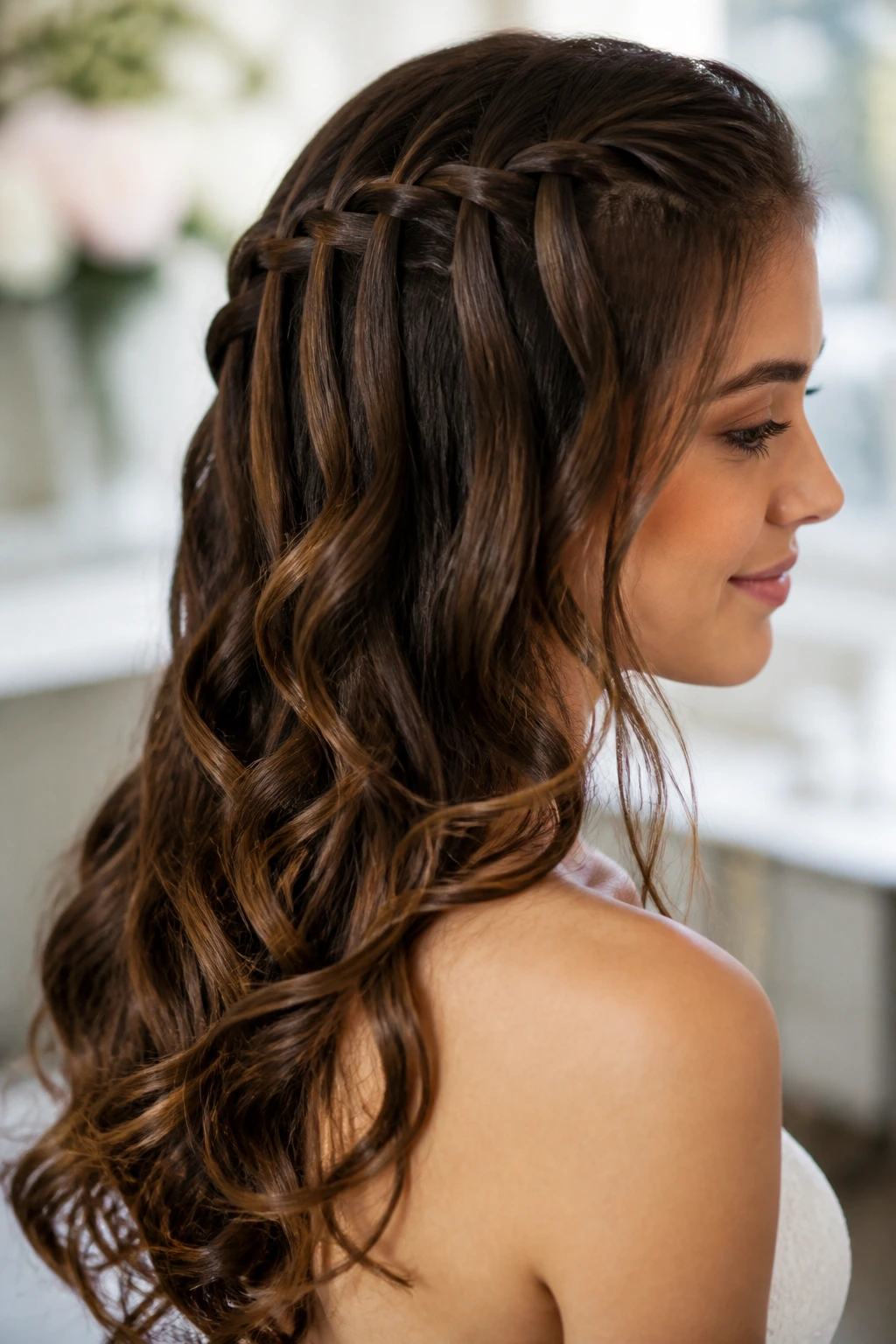 Close-up portrait of a real woman with a waterfall braid and loose curls