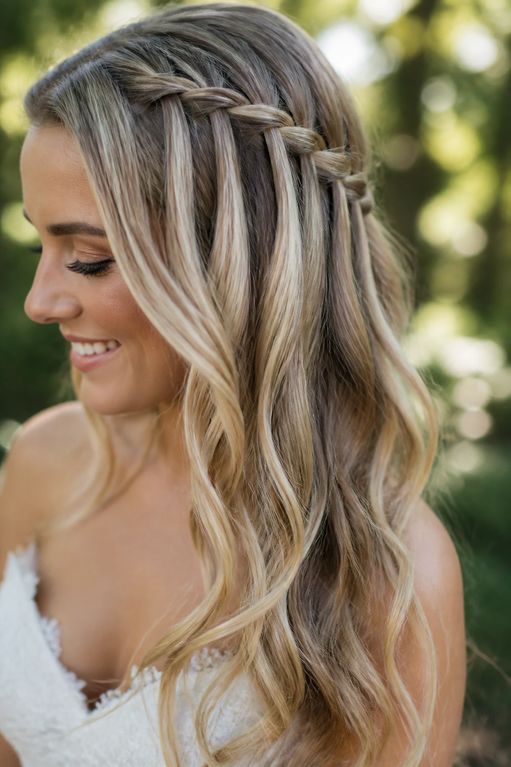 Bride with waterfall braid and loose ends close-up