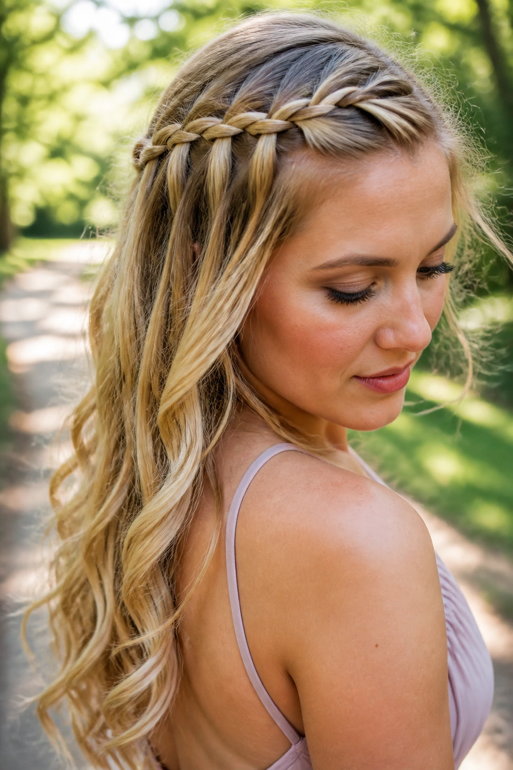 Close-up of a woman with a waterfall braid and loose ends