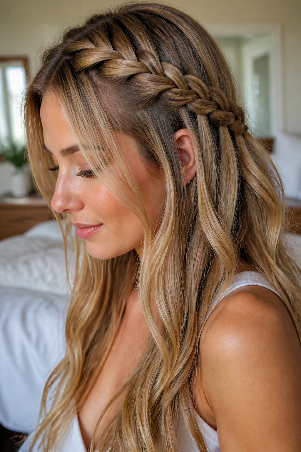 Close-up of real woman with waterfall braid and loose face-framing strands