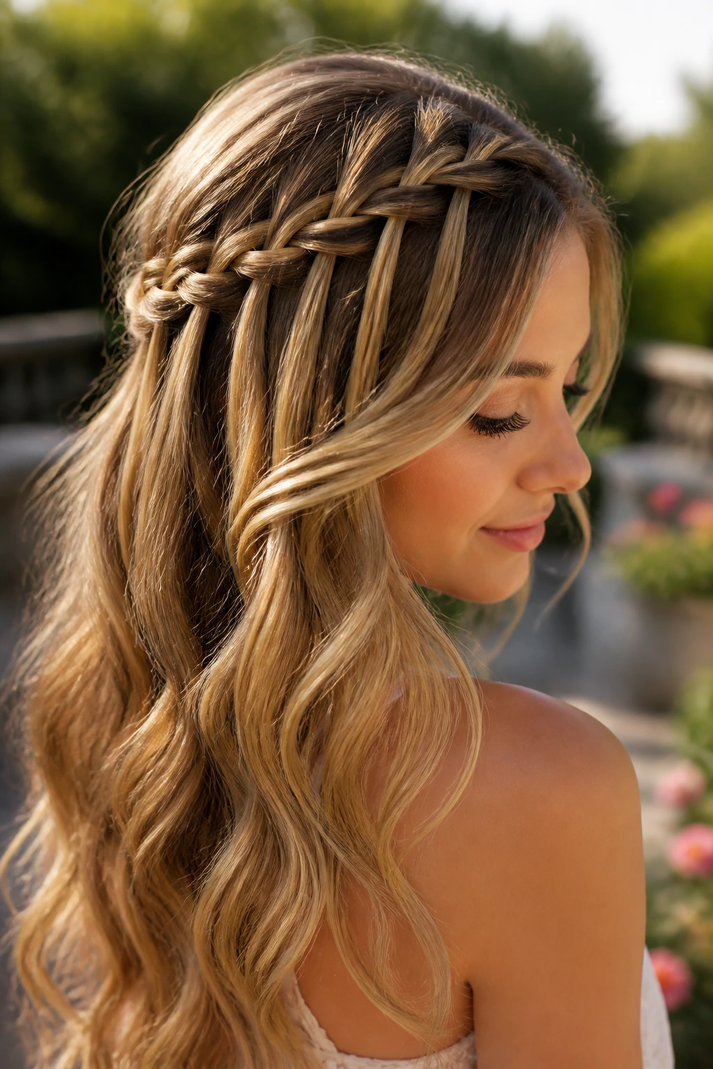 Close-up portrait of a real woman with a waterfall braid and loose cascading length