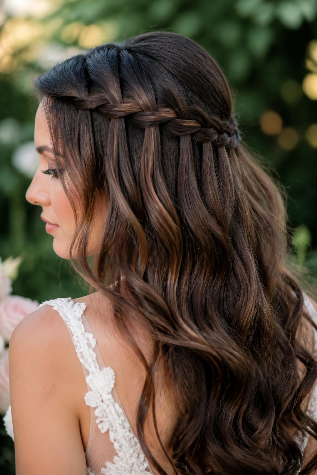 Close-up of a bride's head with a waterfall braid cascading into loose length against a garden backdrop