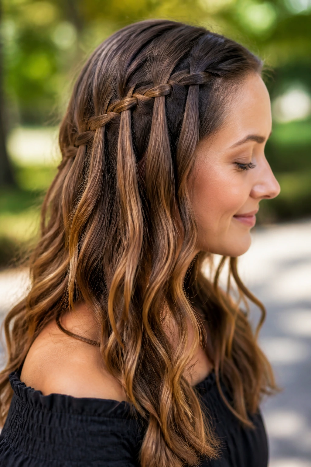 Close-up profile of a woman with a waterfall braid and loose length hair.