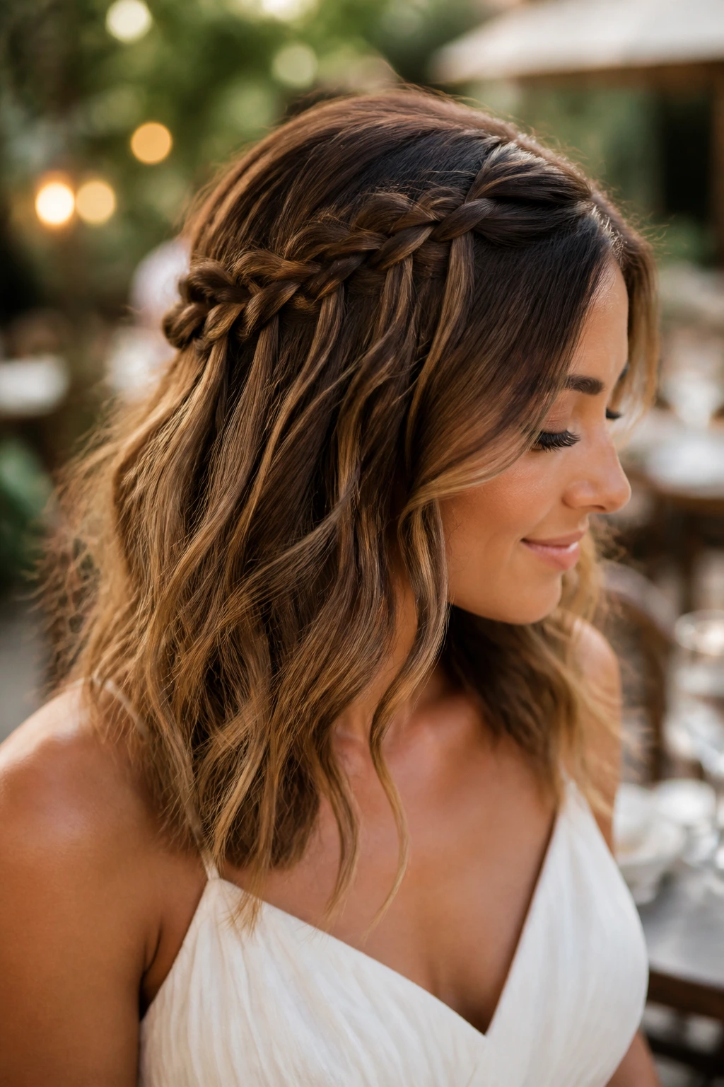 Close-up of a real bride with a waterfall braid flowing into loose waves
