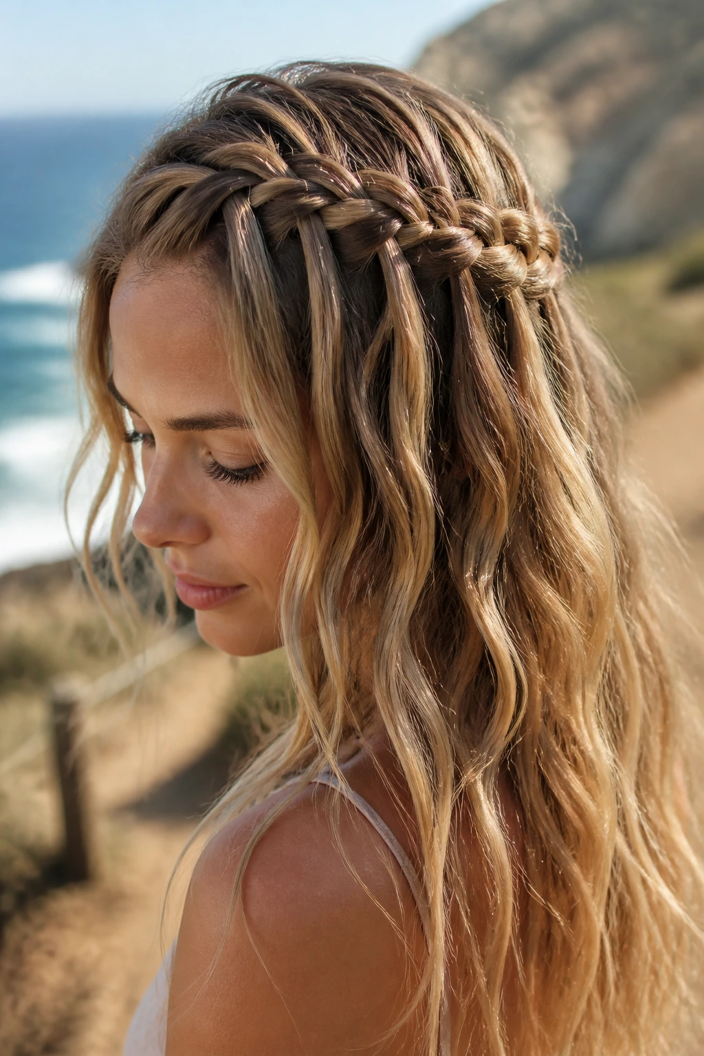 Back of head with waterfall braid on loose waves in seaside light